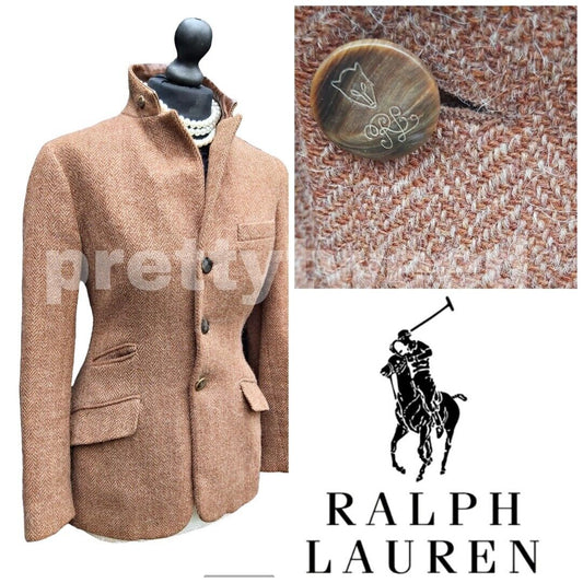 Ladies Ralph Lauren Wool Leather Collar Tweed Jacket / Blazer Size UK 10