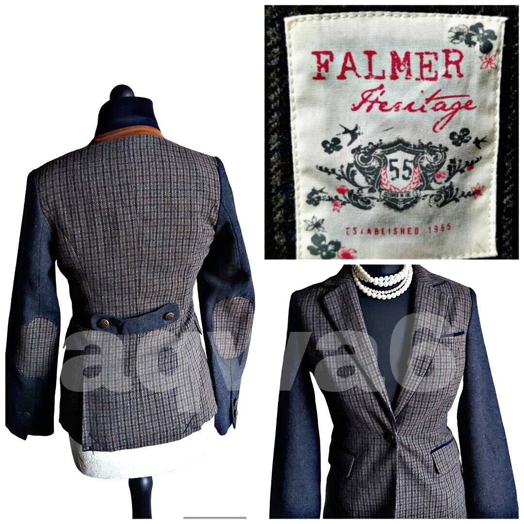 Falmer Heritage Tweed Wool Navy/Grey Jacket Elbow Patches Size 8