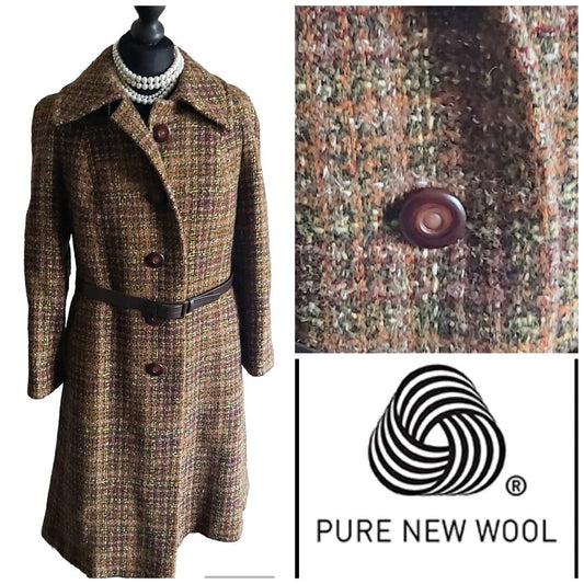 Vintage Womens Tweed Wool Long Coat With Belt UK Size 10