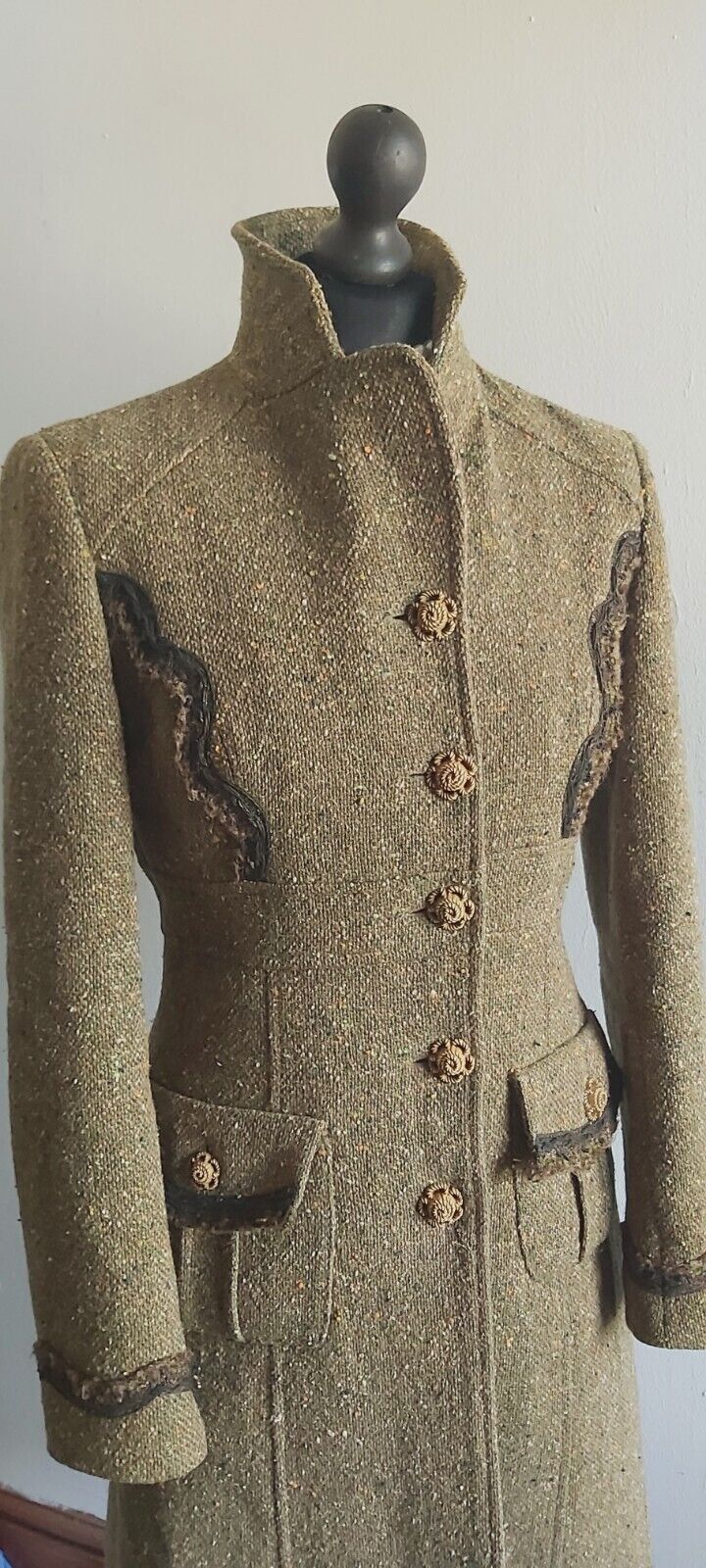 Tara Jarmon Green Wool Tweed Silk Tweed  Classic Long Coat 10