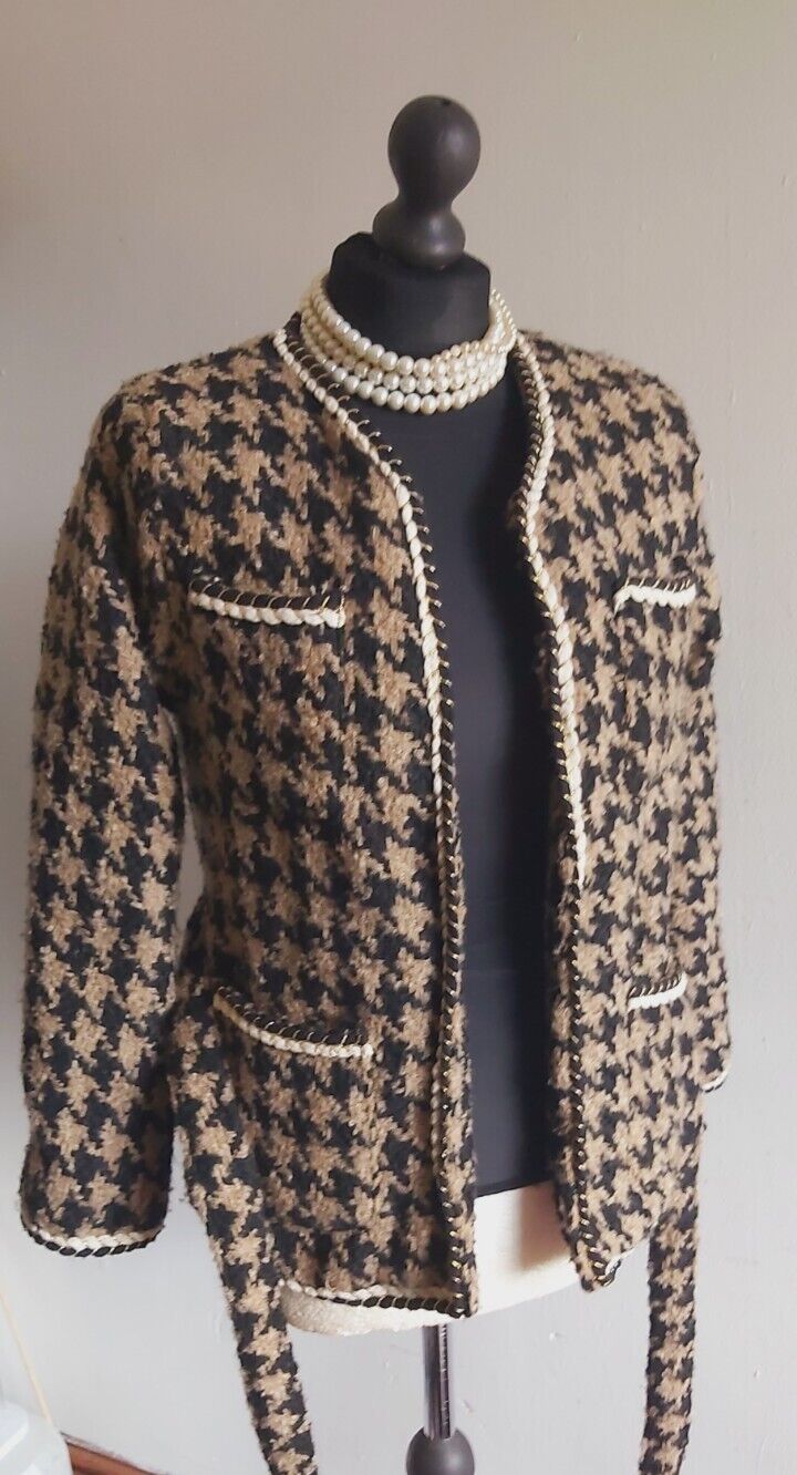 BROWN HOUNDSTOOTH LADIES TWEED Wrap COAT SIZE S