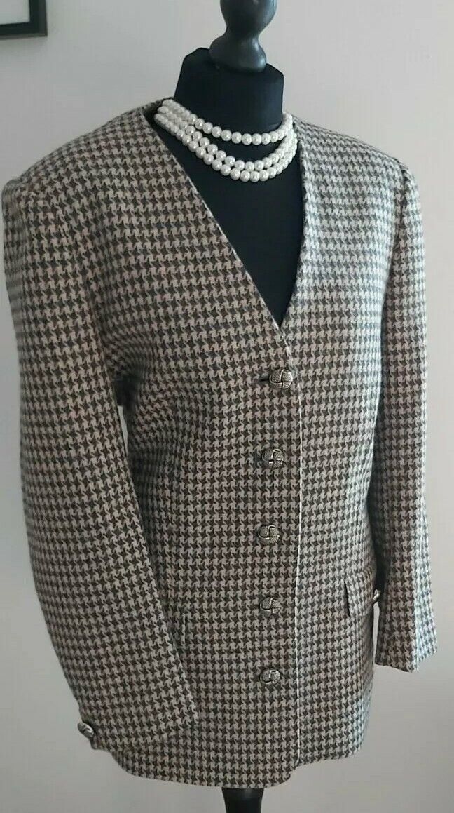 Ladies Jaeger 100% wool Houndstooth checked Tweed Jacket Coat UK Size 14