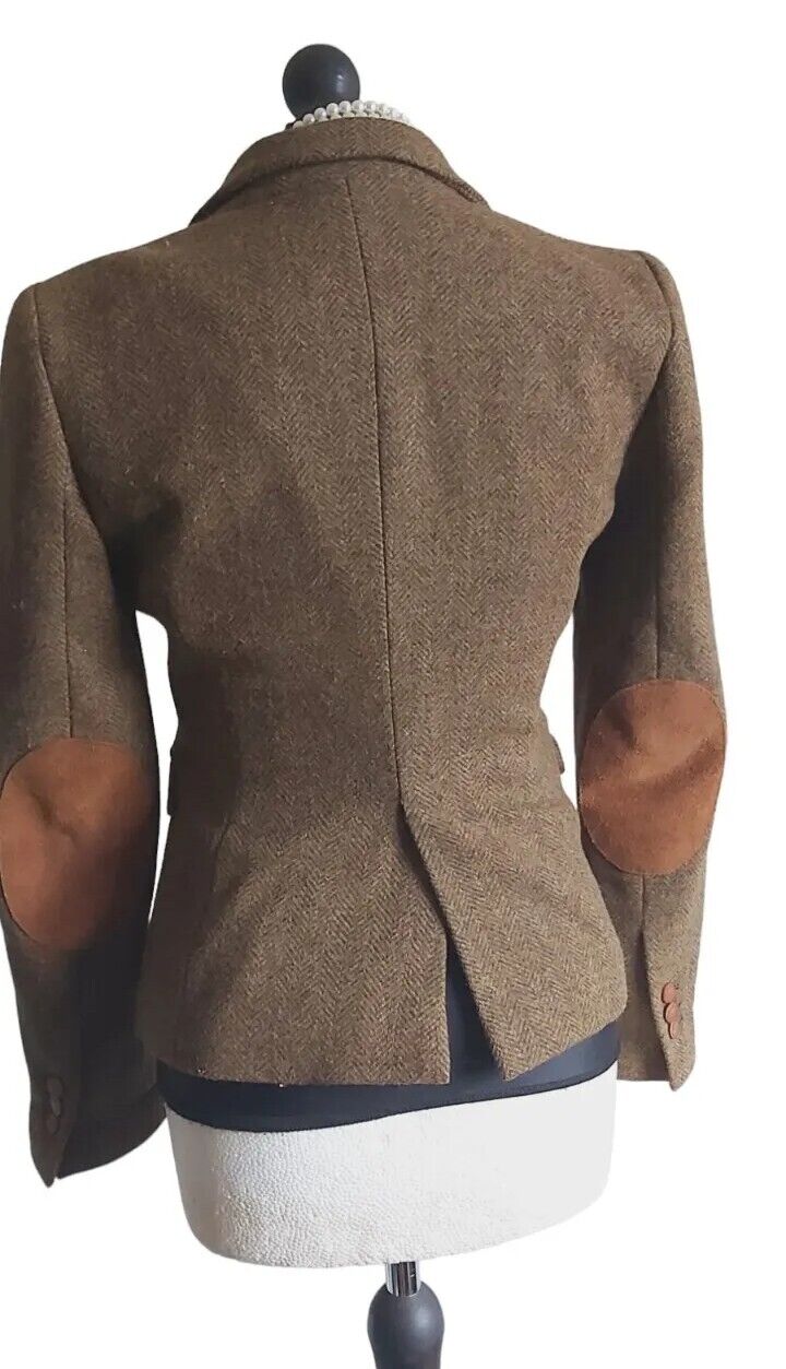 Womens Zara 100% Wool Tweed Jacket Elbow Patches Blazer UK Size S