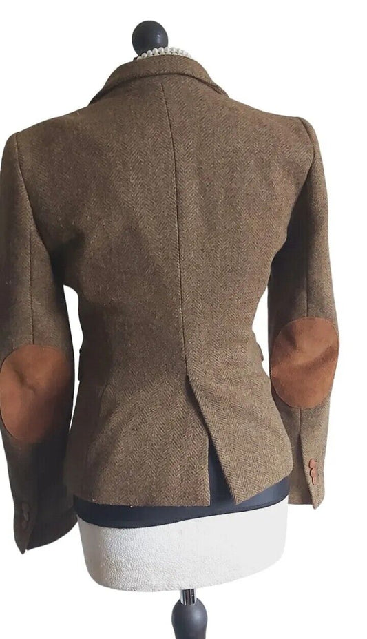 Womens Zara 100% Wool Tweed Jacket Elbow Patches Blazer UK Size S