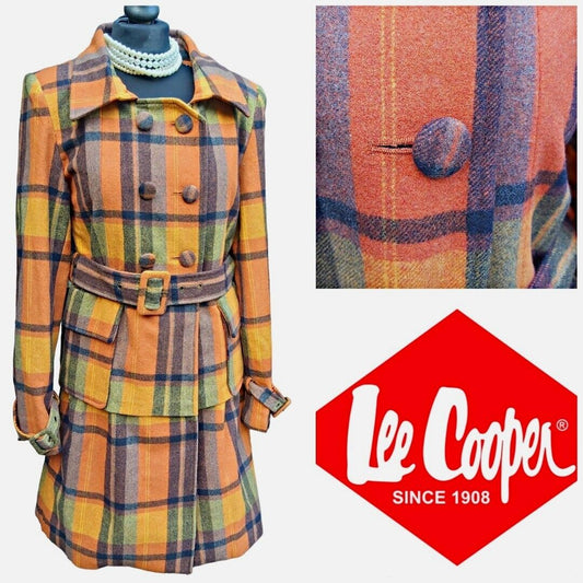 Ladies VINTAGE Lee Copper 100% Double Breasted WOOL Check Belt COAT JACKET UK 12