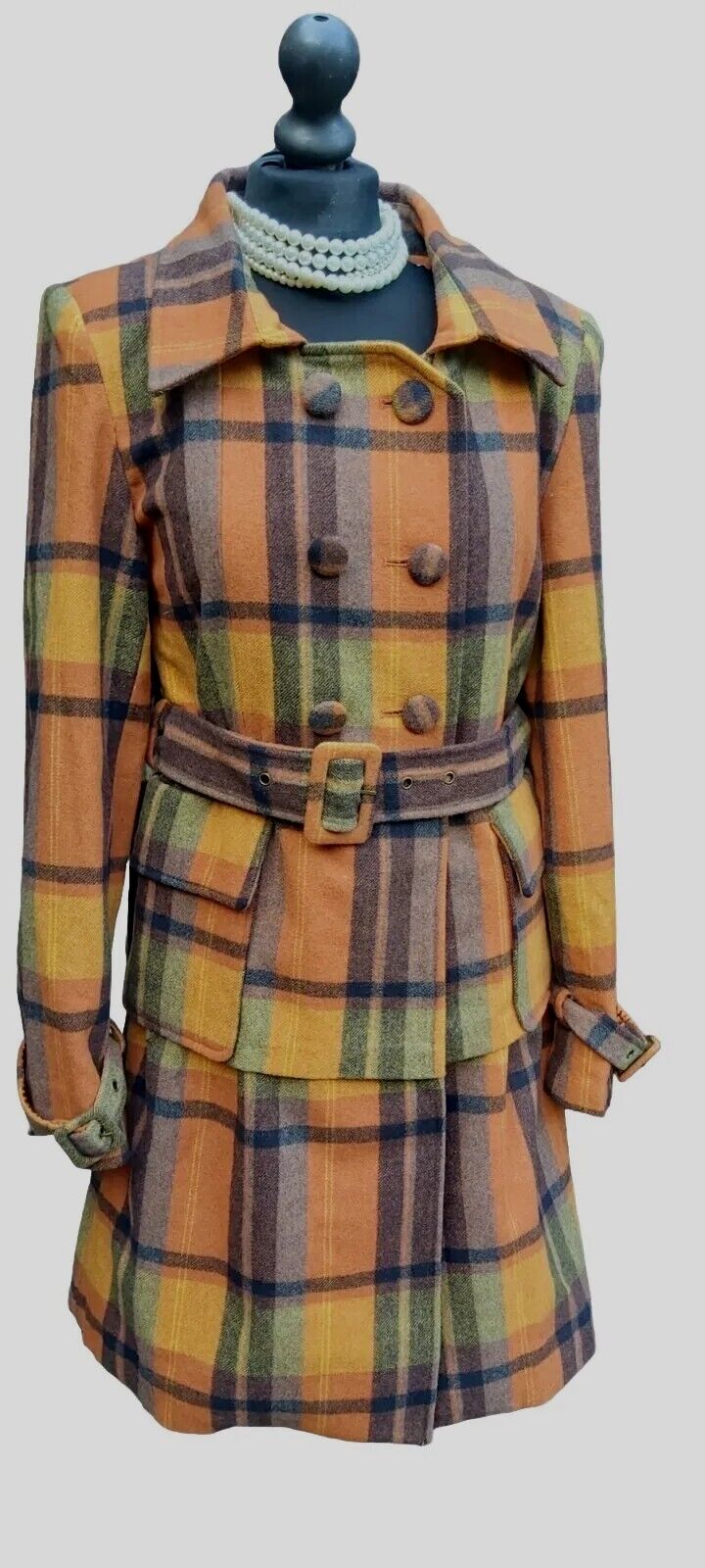 Ladies VINTAGE Lee Copper 100% Double Breasted WOOL Check Belt COAT JACKET UK 12