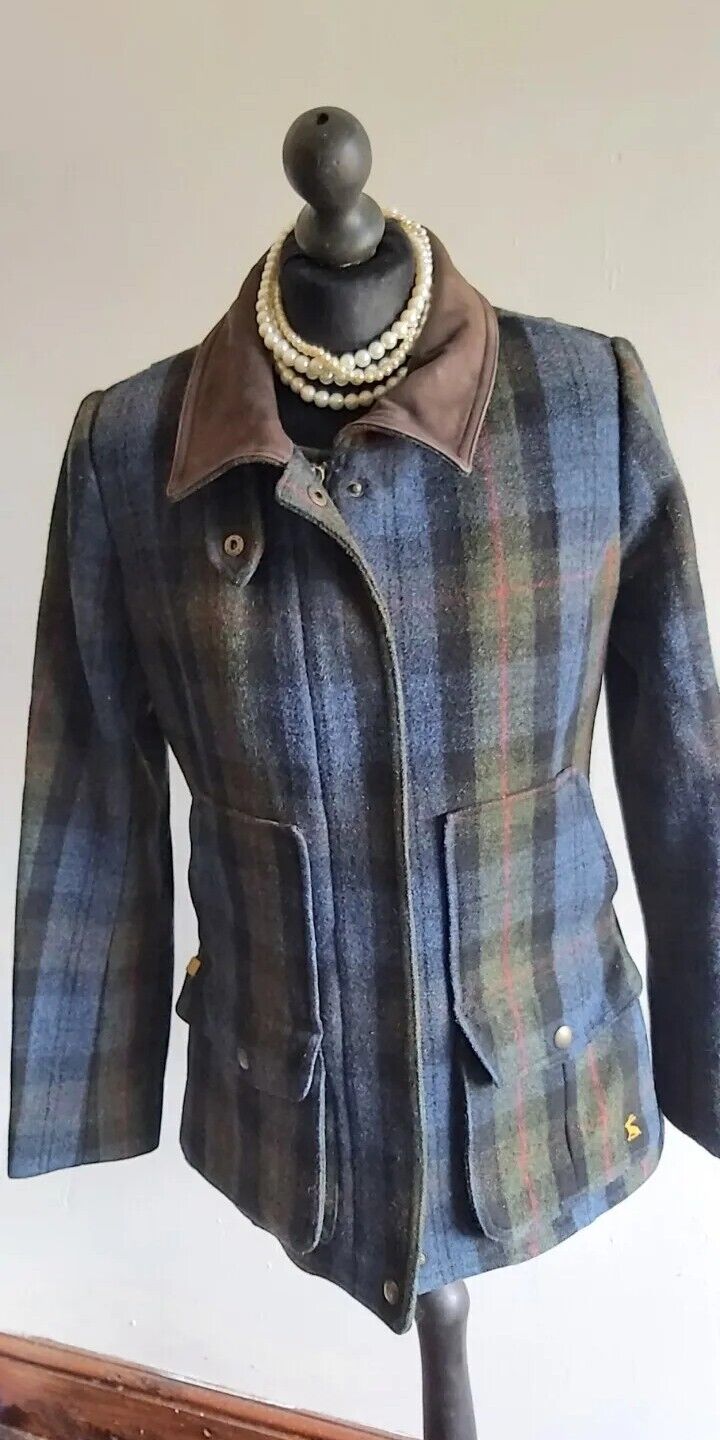 Joules Ladies Jacket Field Coat UK 12 Blue Check Wool  VGC