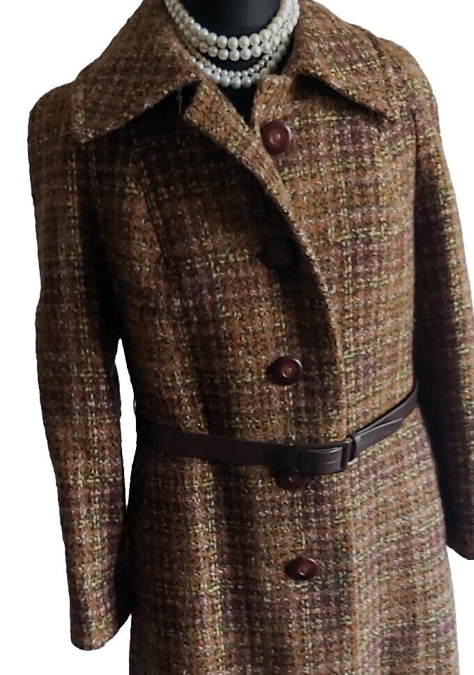 Vintage Womens Tweed Wool Long Coat With Belt UK Size 10