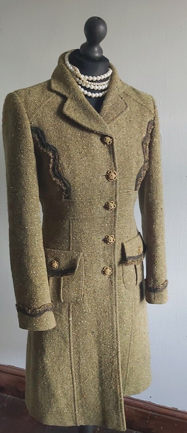 Tara Jarmon Green Wool Tweed Silk Tweed  Classic Long Coat 10