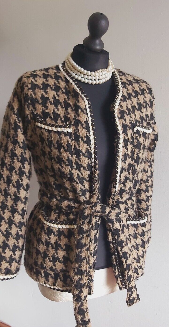 BROWN HOUNDSTOOTH LADIES TWEED Wrap COAT SIZE S