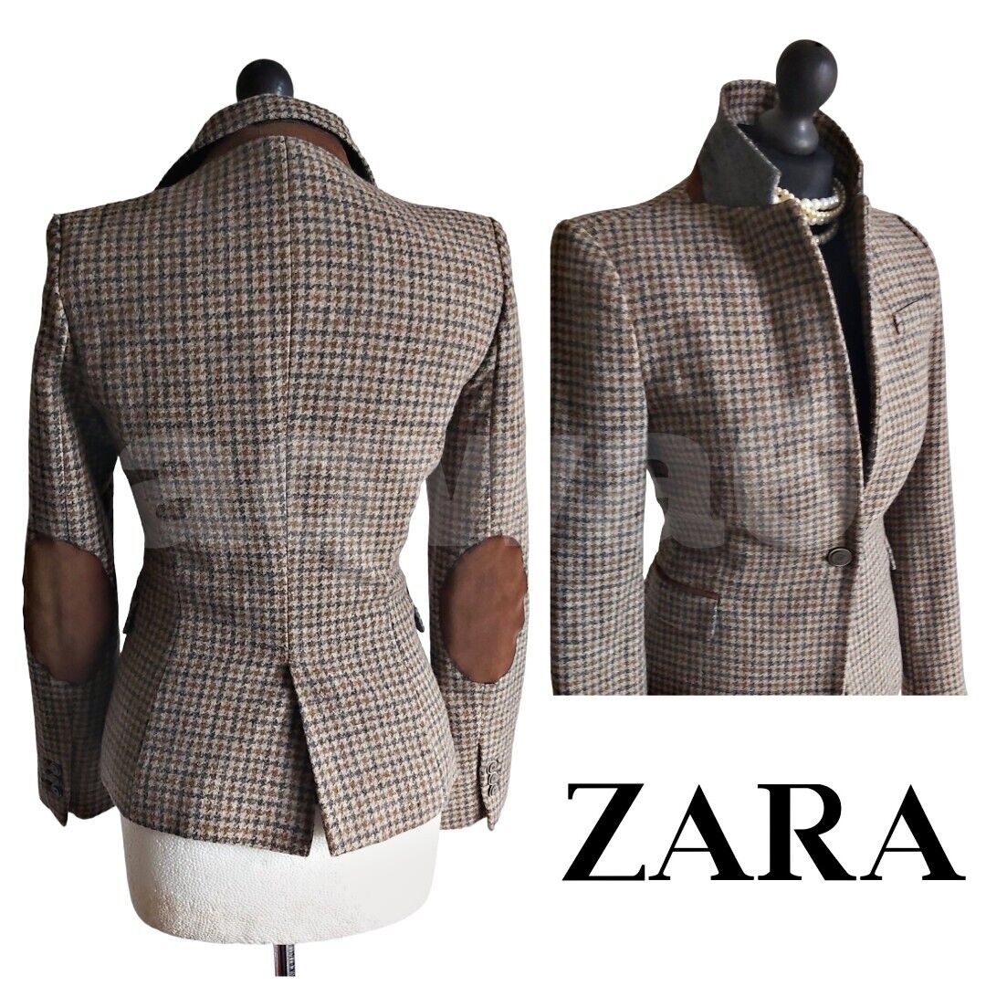 ZARA Ladies 100% Wool Tweed Elbow Patch Hacking Blazer Jacket SMALL