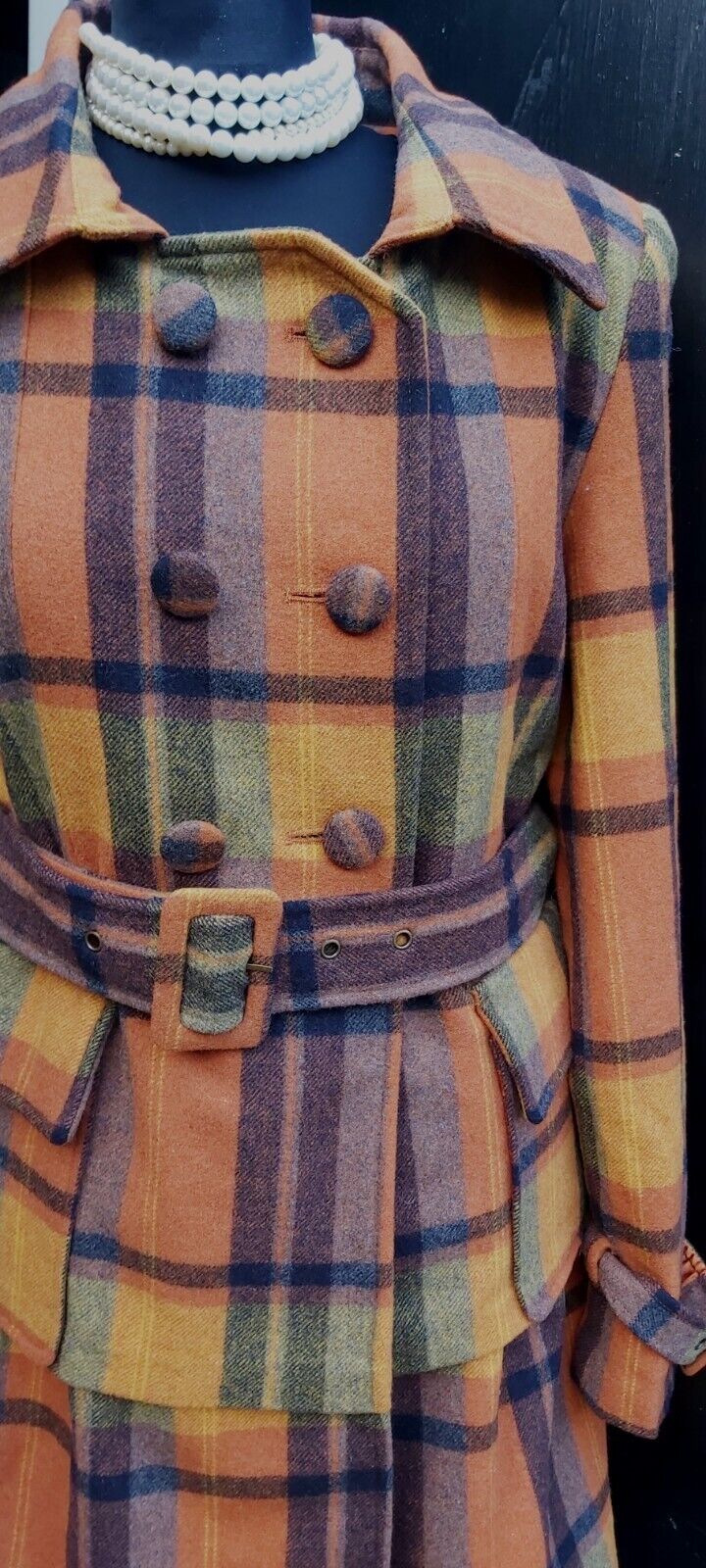 Ladies VINTAGE Lee Copper 100% Double Breasted WOOL Check Belt COAT JACKET UK 12