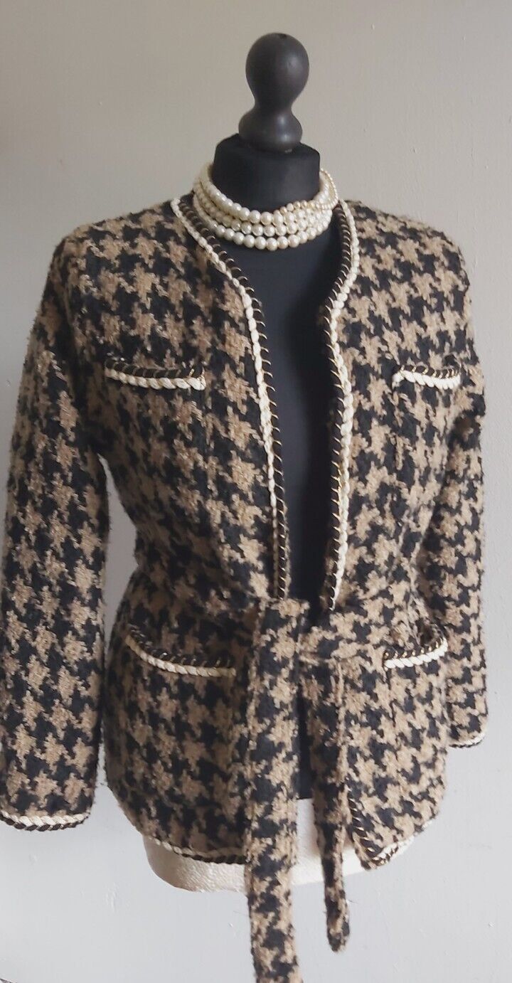 BROWN HOUNDSTOOTH LADIES TWEED Wrap COAT SIZE S