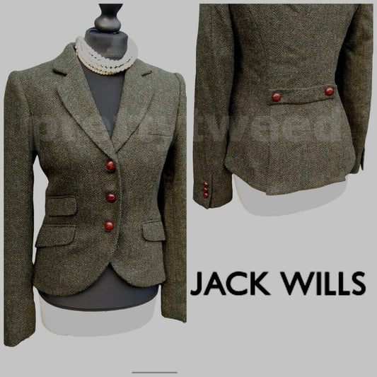 Jack Wills 100% Tweed Jacket Forest Green Wool Country Hacking Blazer UK 8