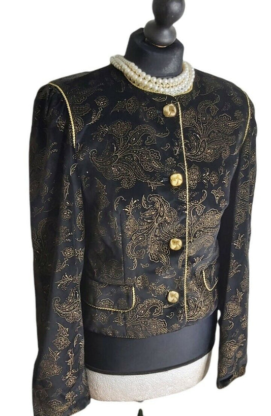 Ladies Jaeger Velvet Black Gold typestry Jacket UK Size 8