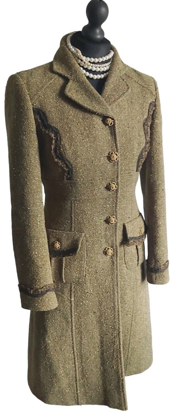 Tara Jarmon Green Wool Tweed Silk Tweed  Classic Long Coat 10