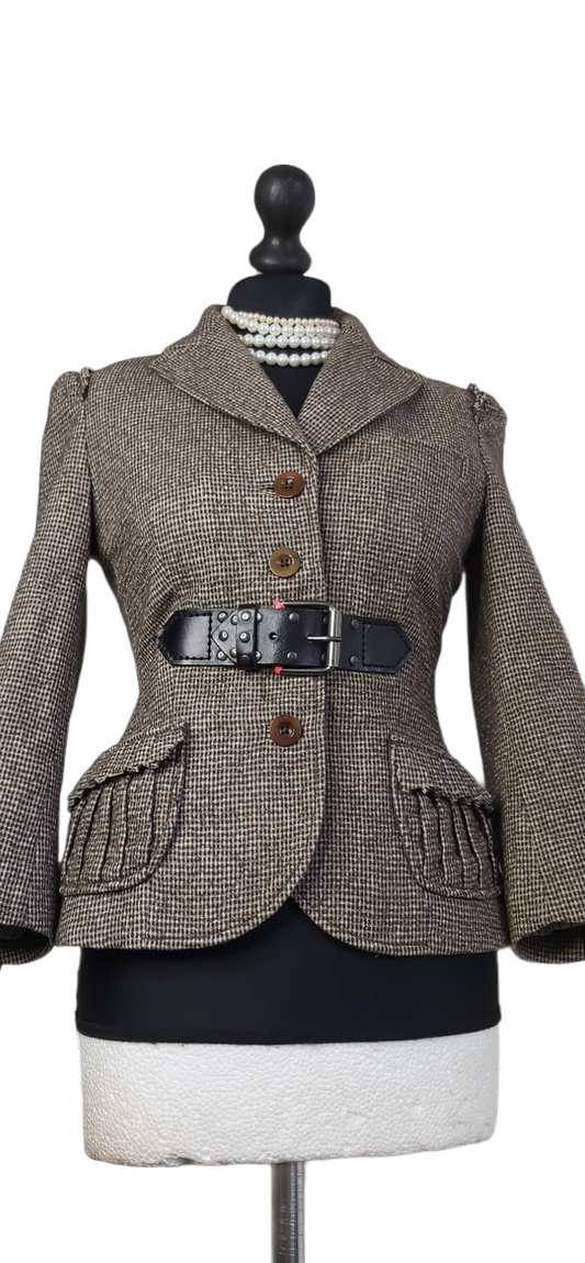 Ladies Hugo Boss Wool Tweed Brown pleats Check Jacket UK Size UK Size S